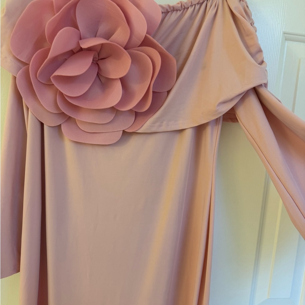 Elegant Pink Off-Shoulder Dress with Floral Accent